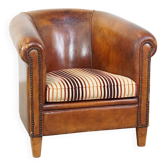 Fauteuil club vintage couleur cognac en cuir de mouton