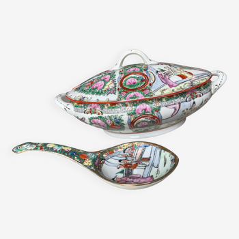 Pretty Asian tureen and spoon painted by hand.