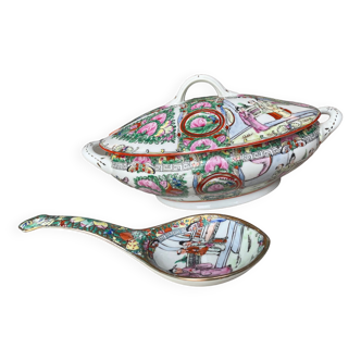 Pretty Asian tureen and spoon painted by hand.