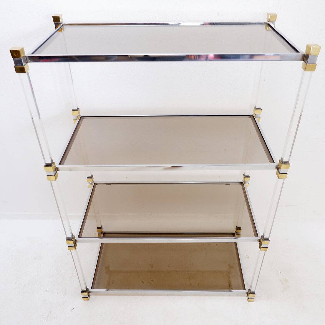 Claustra shelf in plexiglass, smoked glass and brass