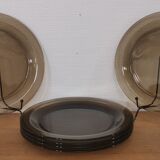 Set of 6 flat plates in smoked brown glass Vereco 70'S Vintage