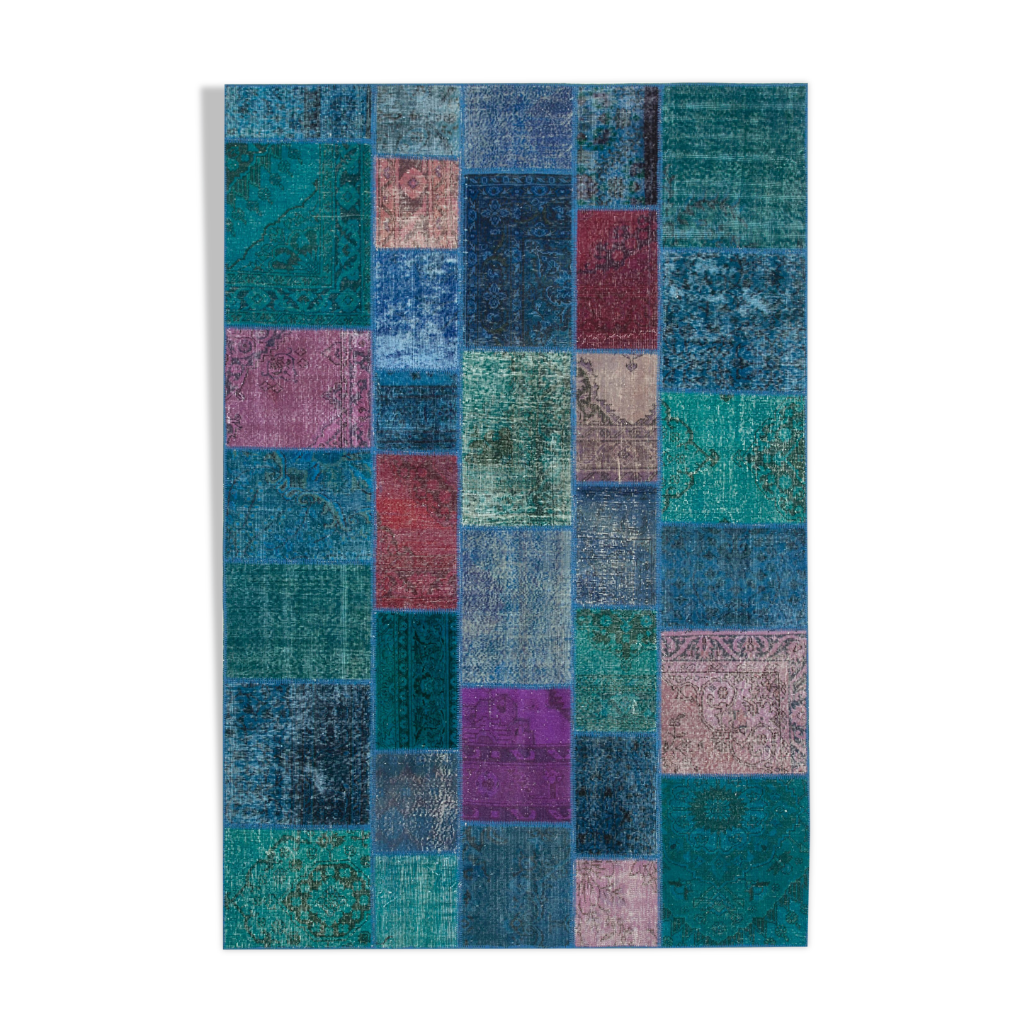 Handwoven oriental overdyed 200 cm x 295 cm blue patchwork carpet