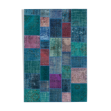 Handwoven oriental overdyed 200 cm x 295 cm blue patchwork carpet