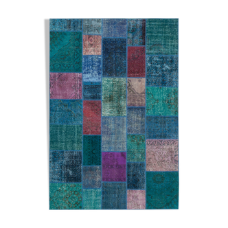 Handwoven oriental overdyed 200 cm x 295 cm blue patchwork carpet