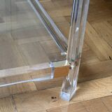 2 side tables in plexiglass, glass, and brass.