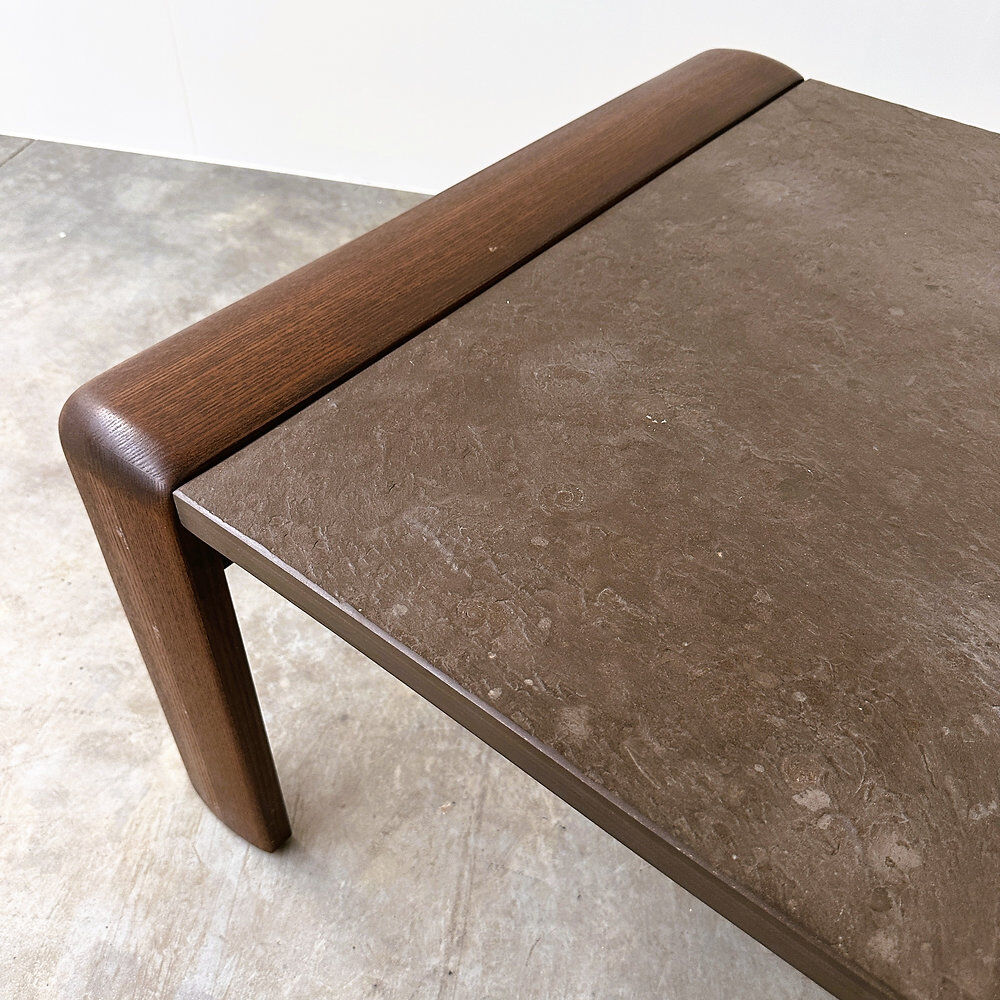 Vintage Belgian oak & fossil slate coffee table, brutalist modern, 1970s
