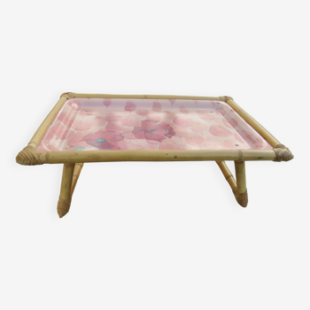 Folding tray "pink floral pattern" fiberglass, rattan and bamboo 60s 70s