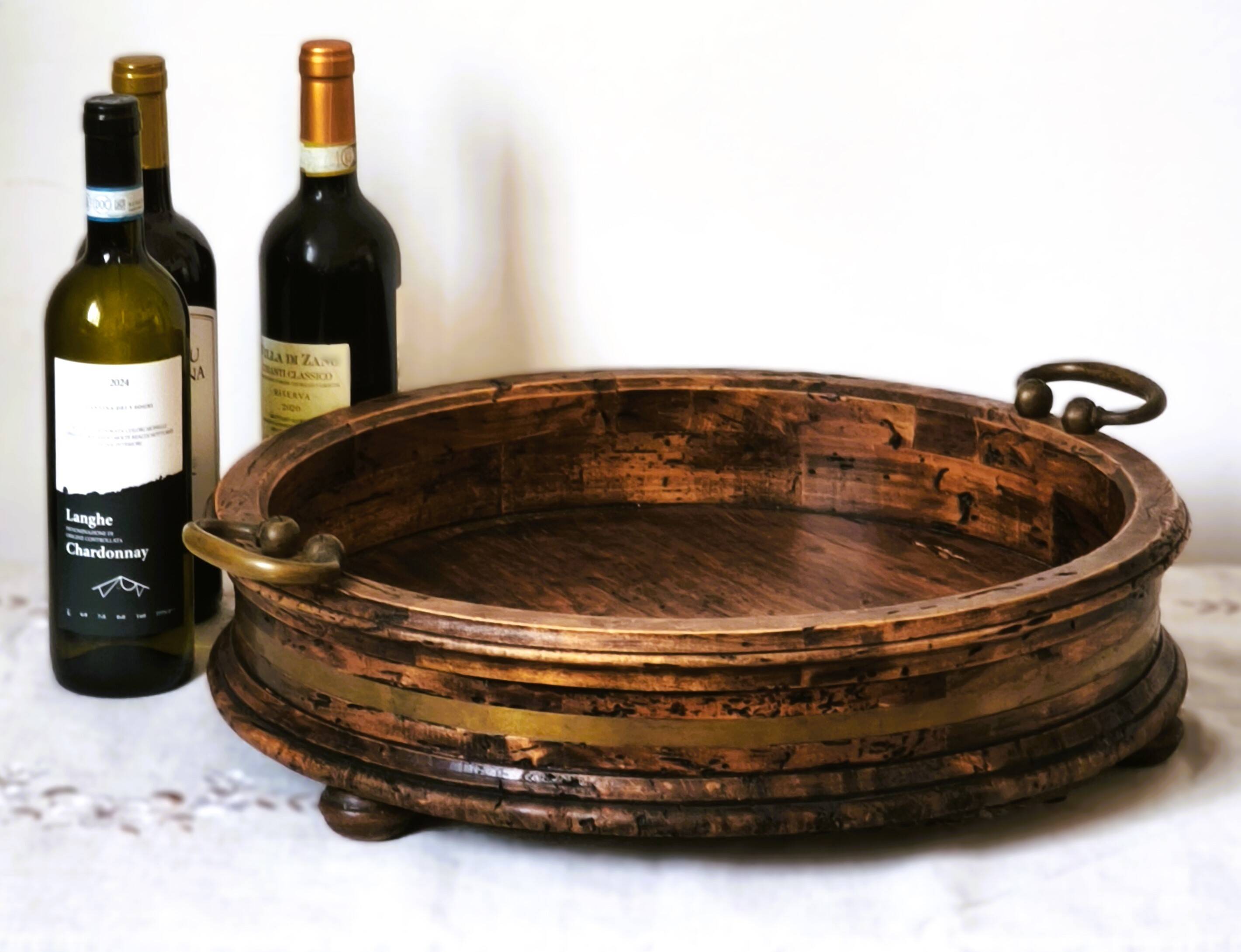 Large antique Italian wooden tray with brass handles.