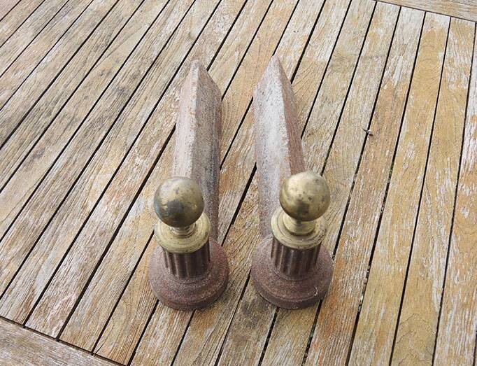 Antique neoclassical cast iron & brass fireplace andirons