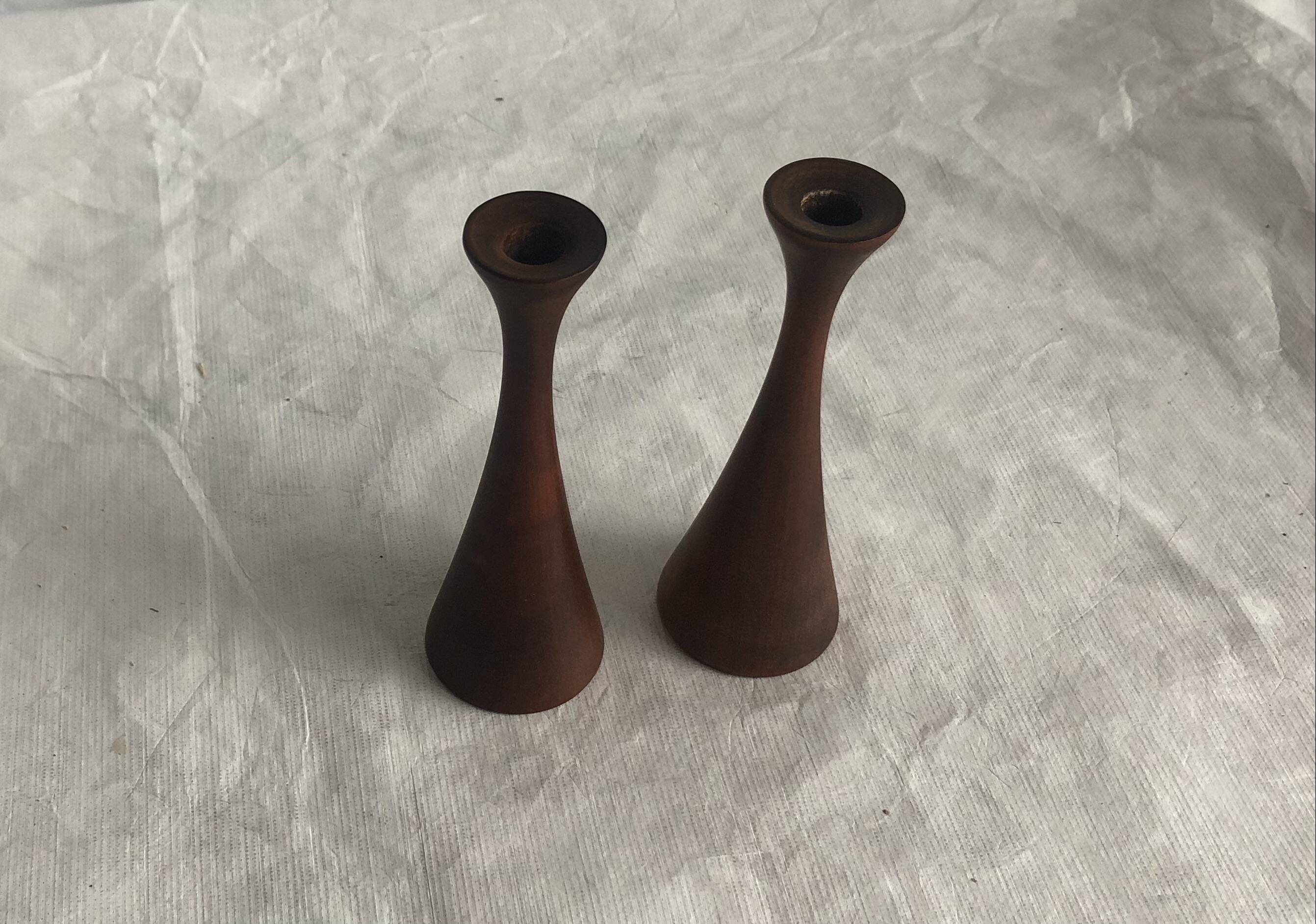 Pair of candlesticks in vintage stained birch wood, Scandinavian design
