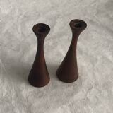 Pair of candlesticks in vintage stained birch wood, Scandinavian design