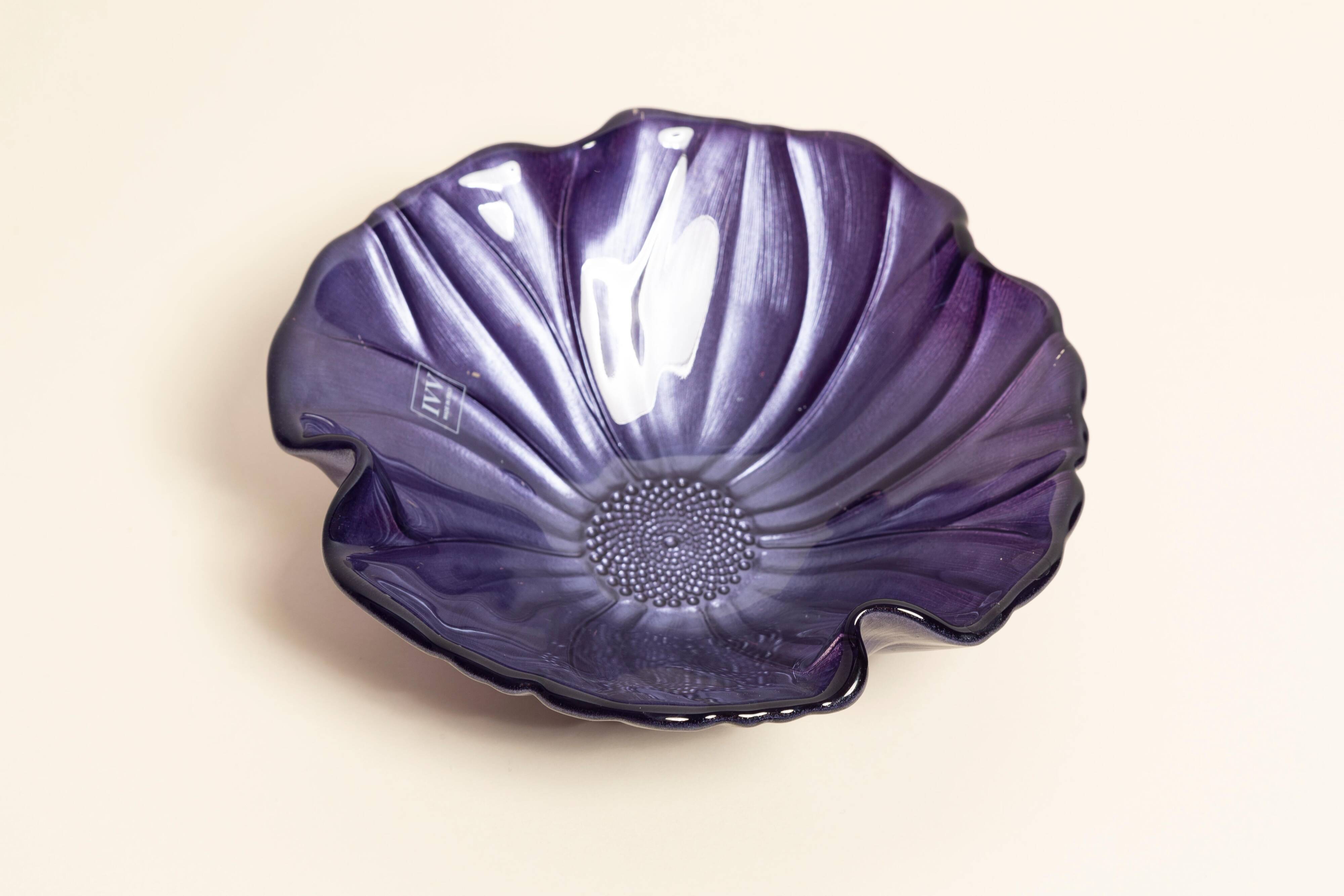 Vintage decorative glass plate in purple with flower pattern, Italy, 1960s.