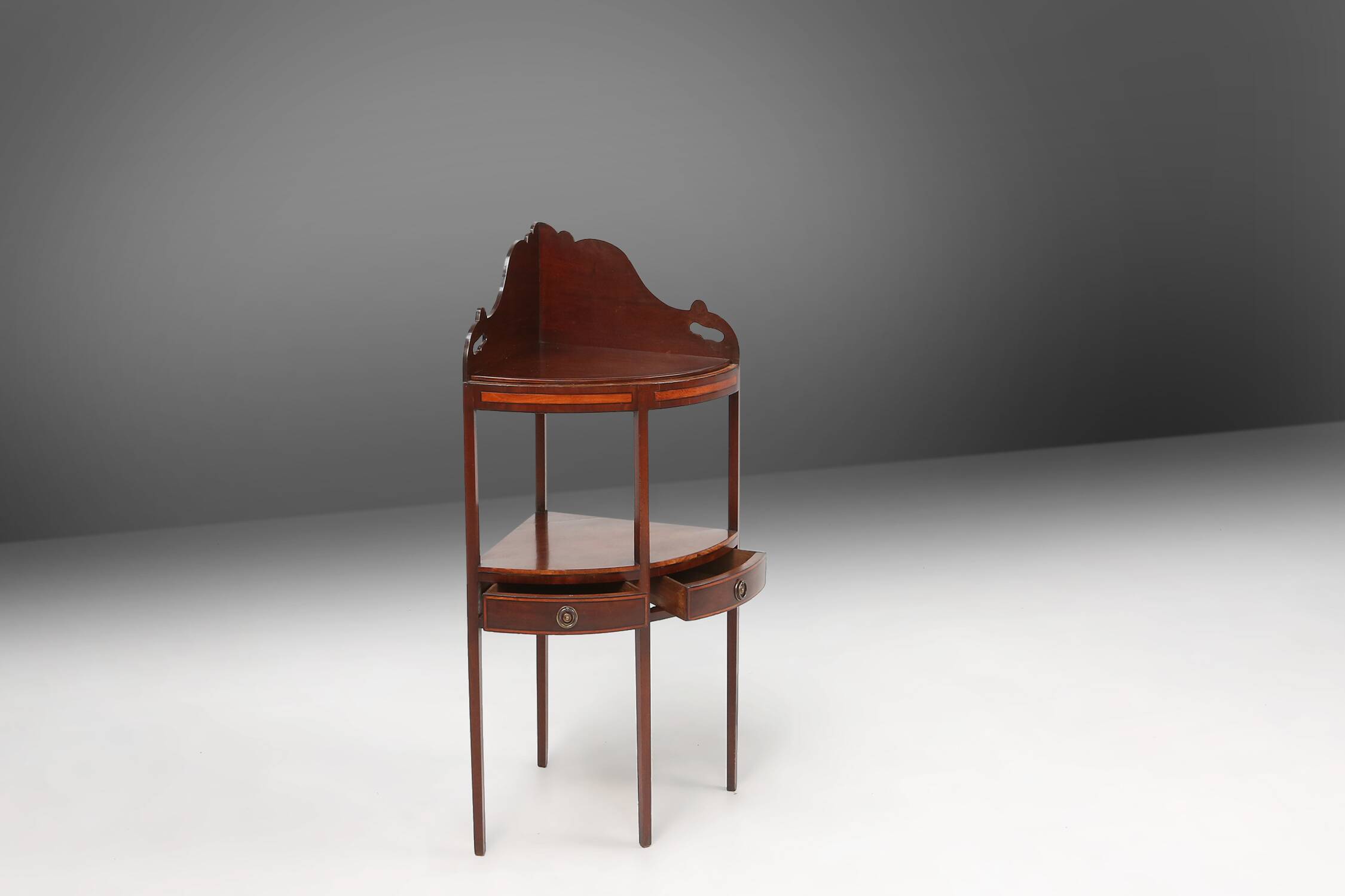 Elegant antique corner cabinet with wood inlay and 2 drawers, France ca. 1850