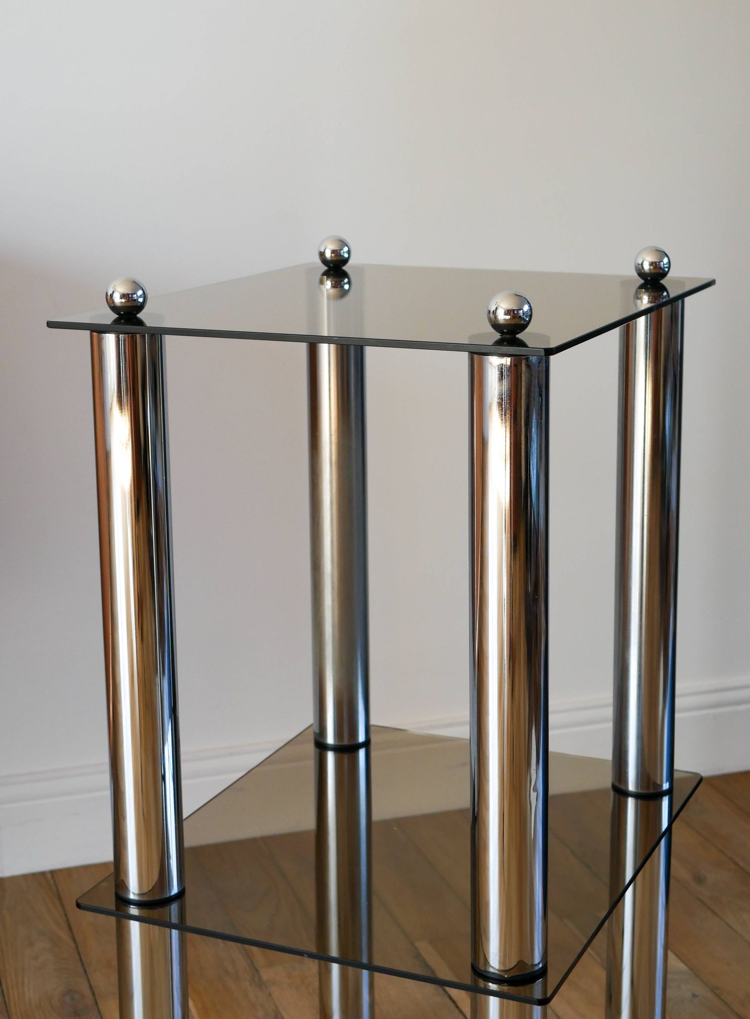 Bolster in chrome and smoked glass, double floors, Design, 1970
