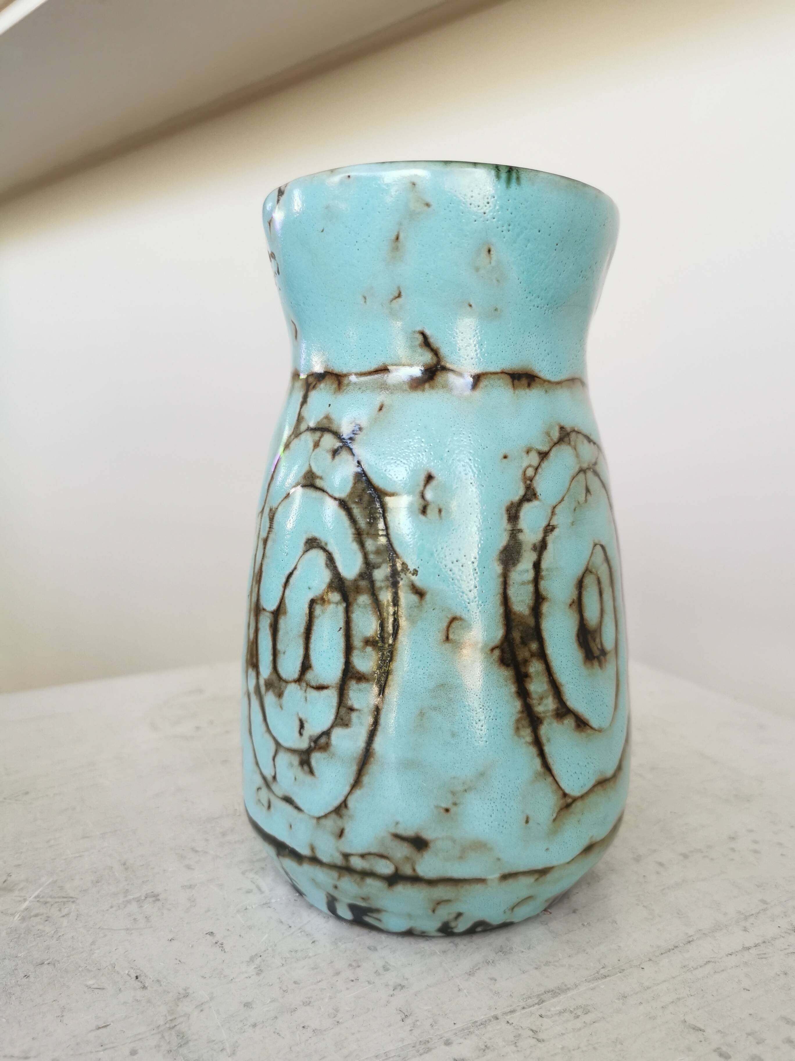 Vintage Turquoise Crackle Glaze Vase: Handmade Studio Pottery, Mid-Century