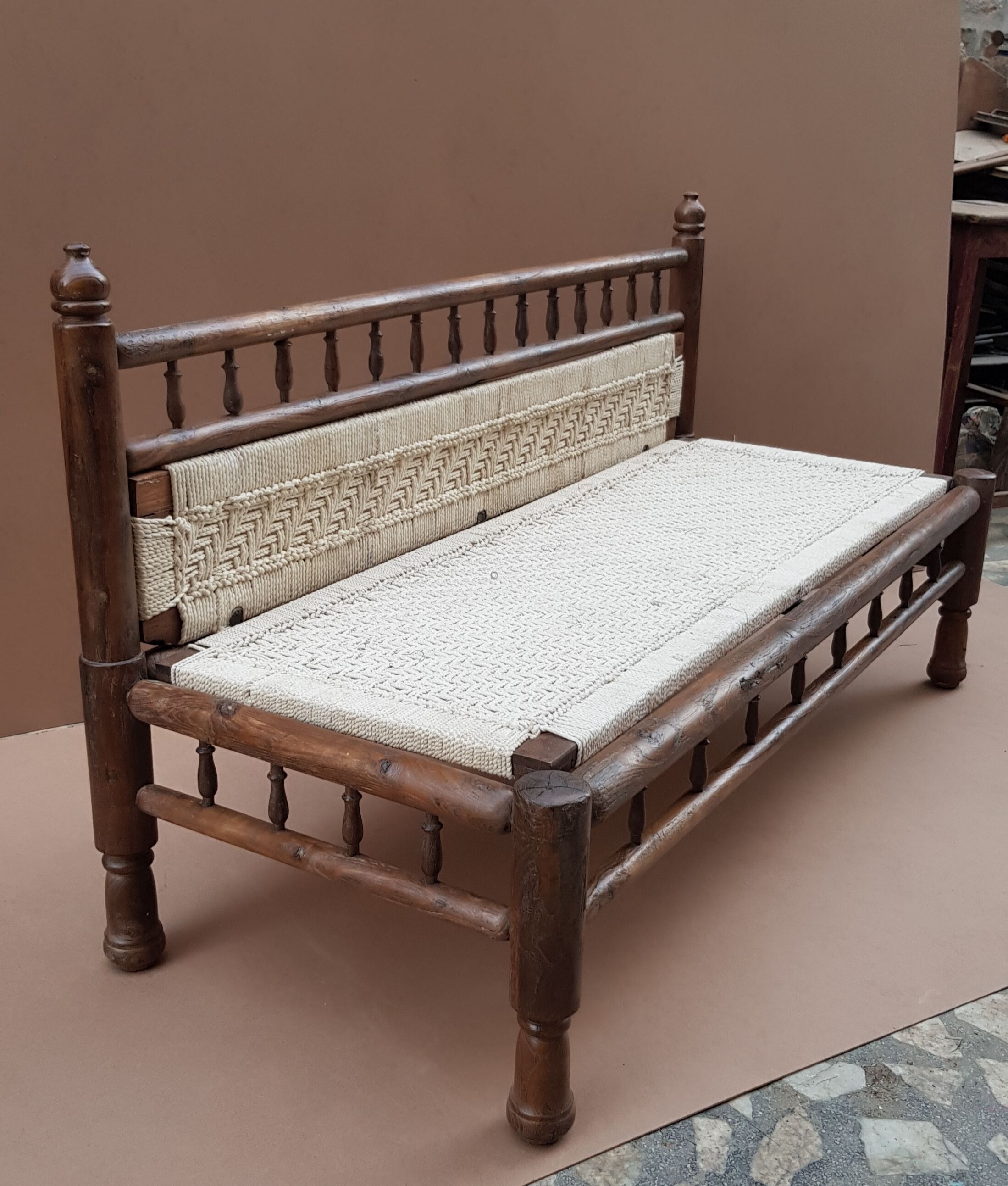 Natural burmese teak sofa and braided cotton seat & backsplash