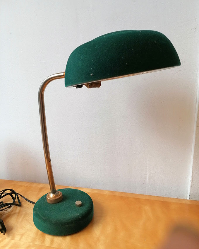 Bottle green velvet lay lamp, brass foot, 1960