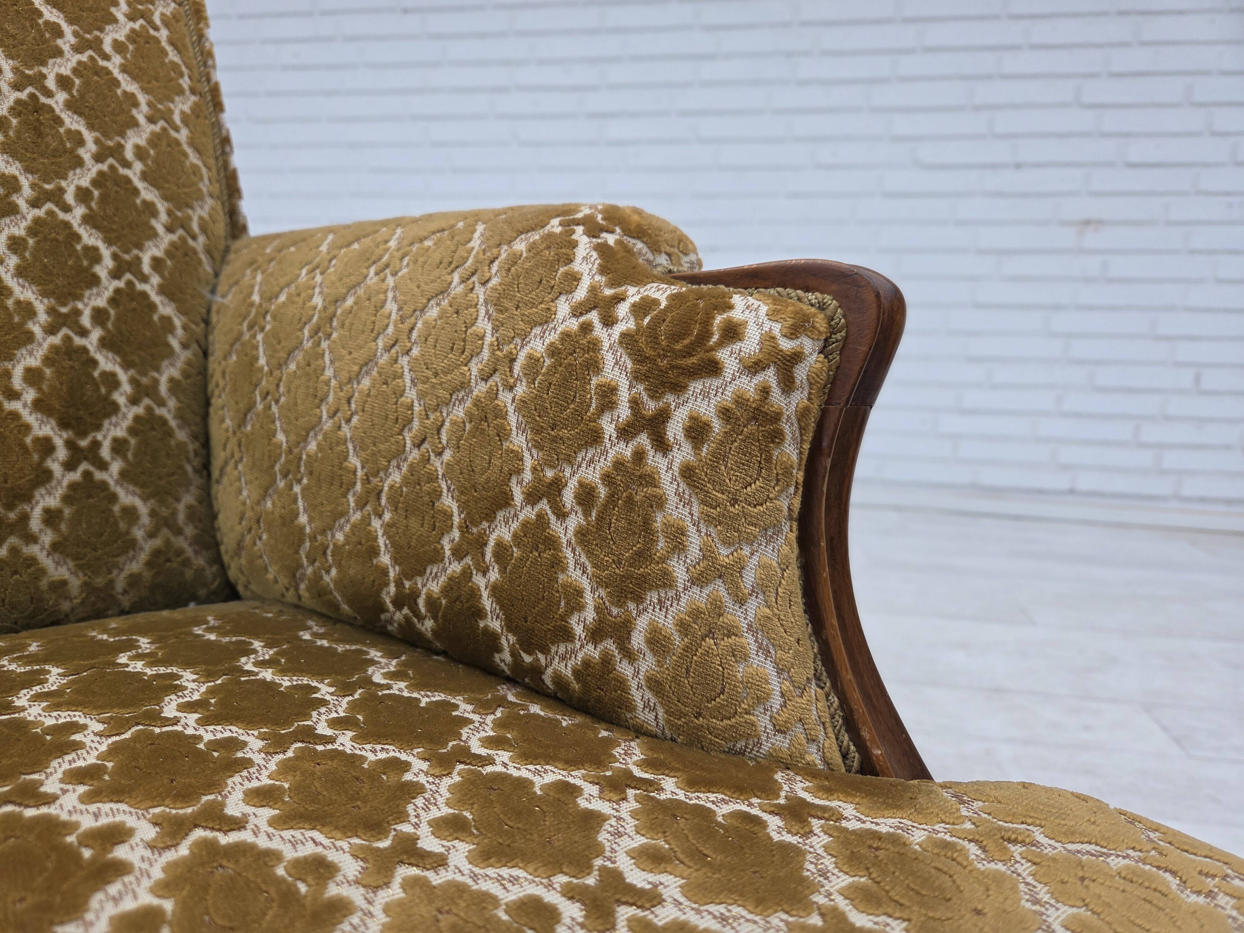 1950s, Danish 3-seater sofa, furniture velour, carved ash wood.