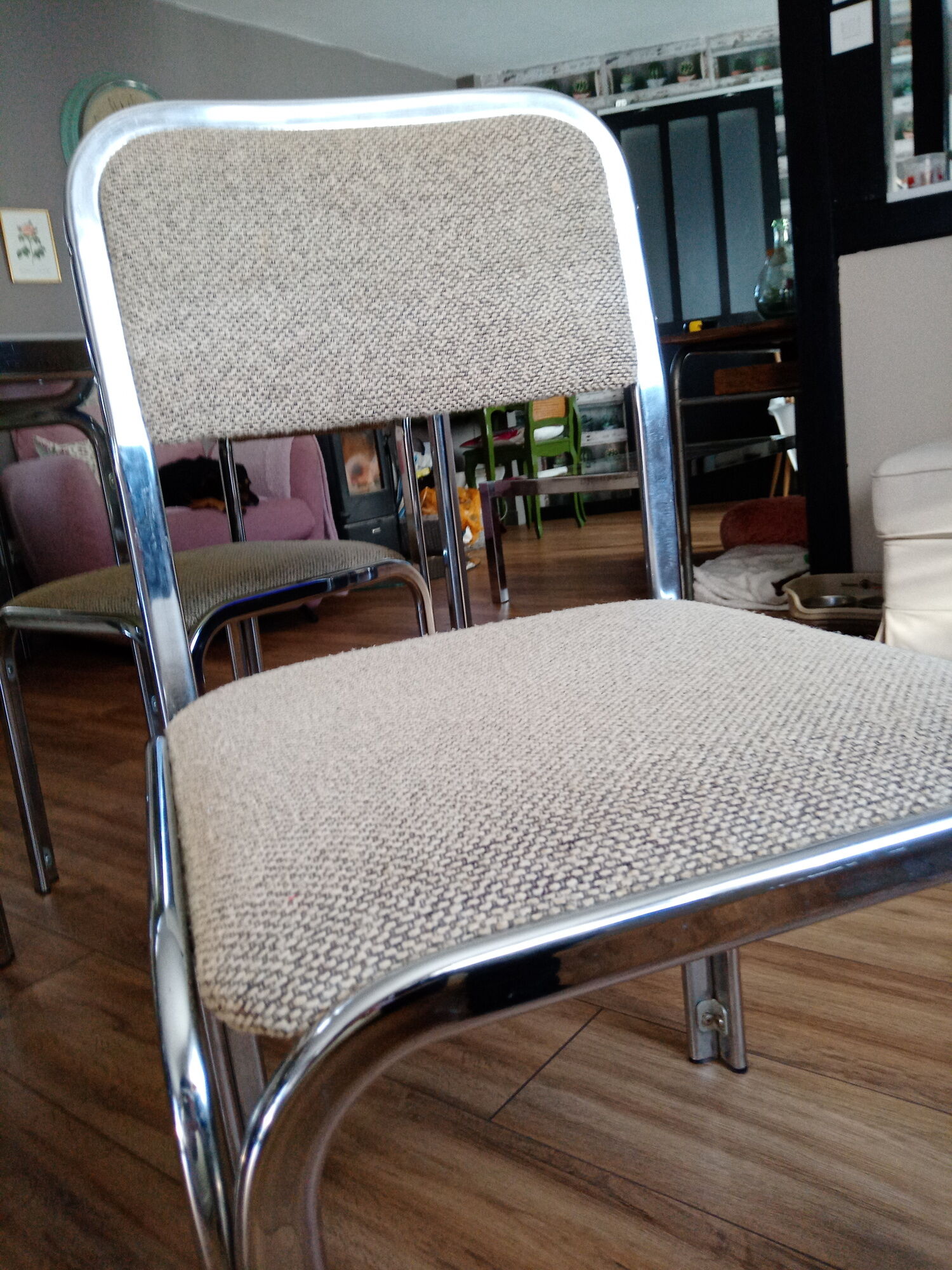 Table and 4 70s chairs chrome base and smoked glass tray chairs green water fabric