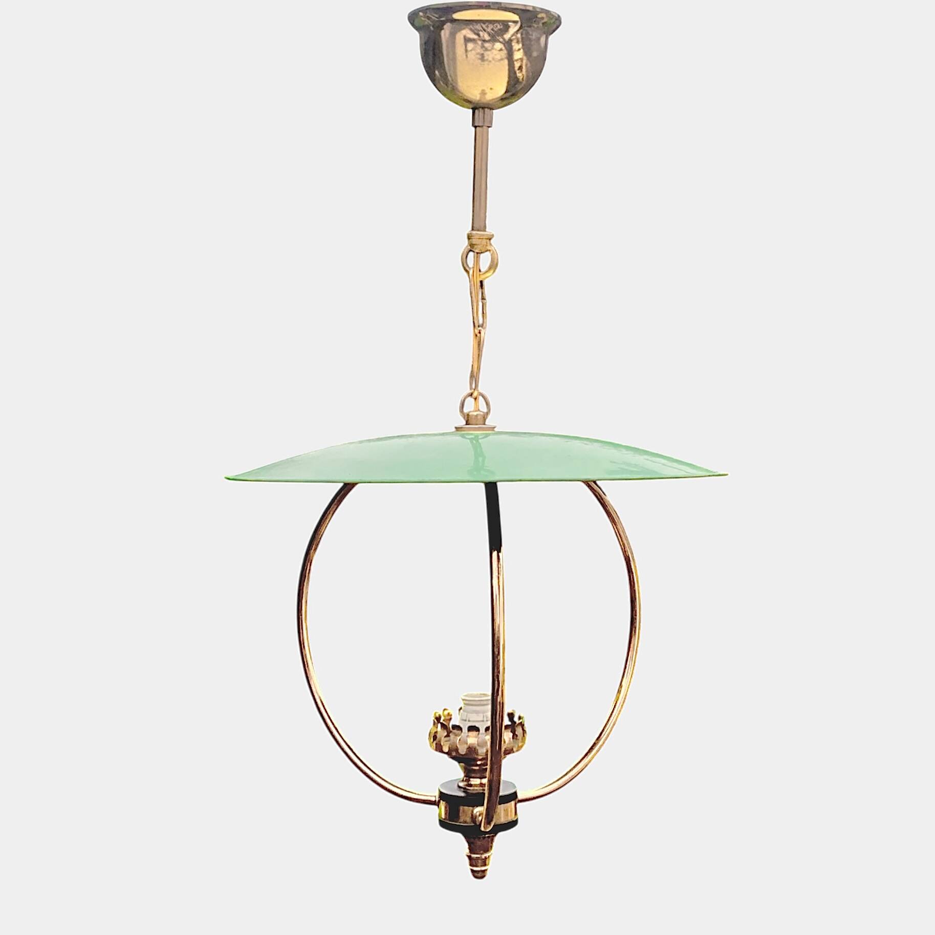 1950s pendant light in green lacquered metal and brass