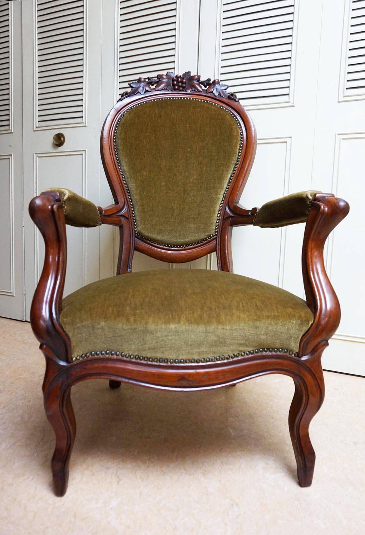 Mahogany Napoleon III Armchair with Carved Grapes  Decoration on Top, 1870s
