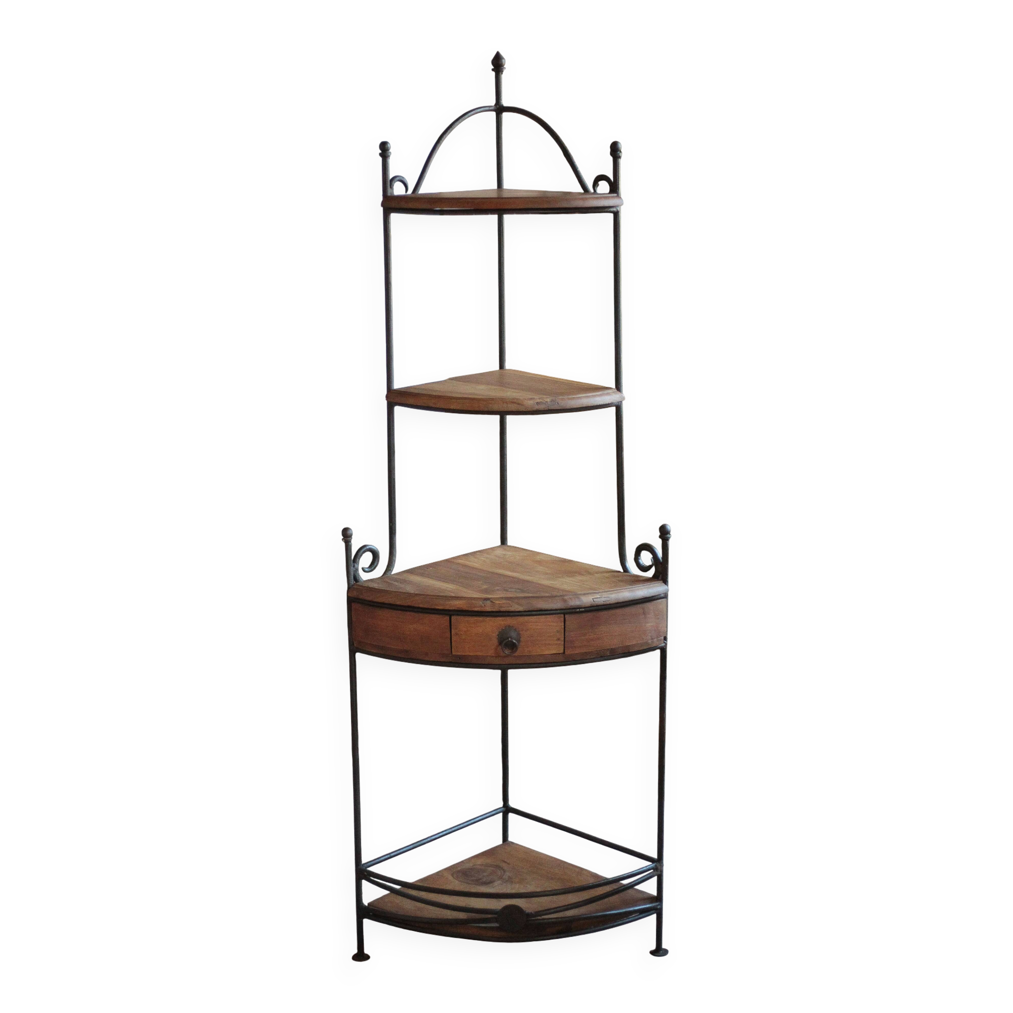 Wrought iron and wood corner unit, vintage corner furniture, corner shelf.