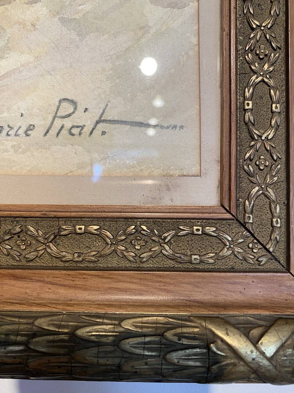 Old painting "Marine with boats" signed Marie Piat, 1930s-40s