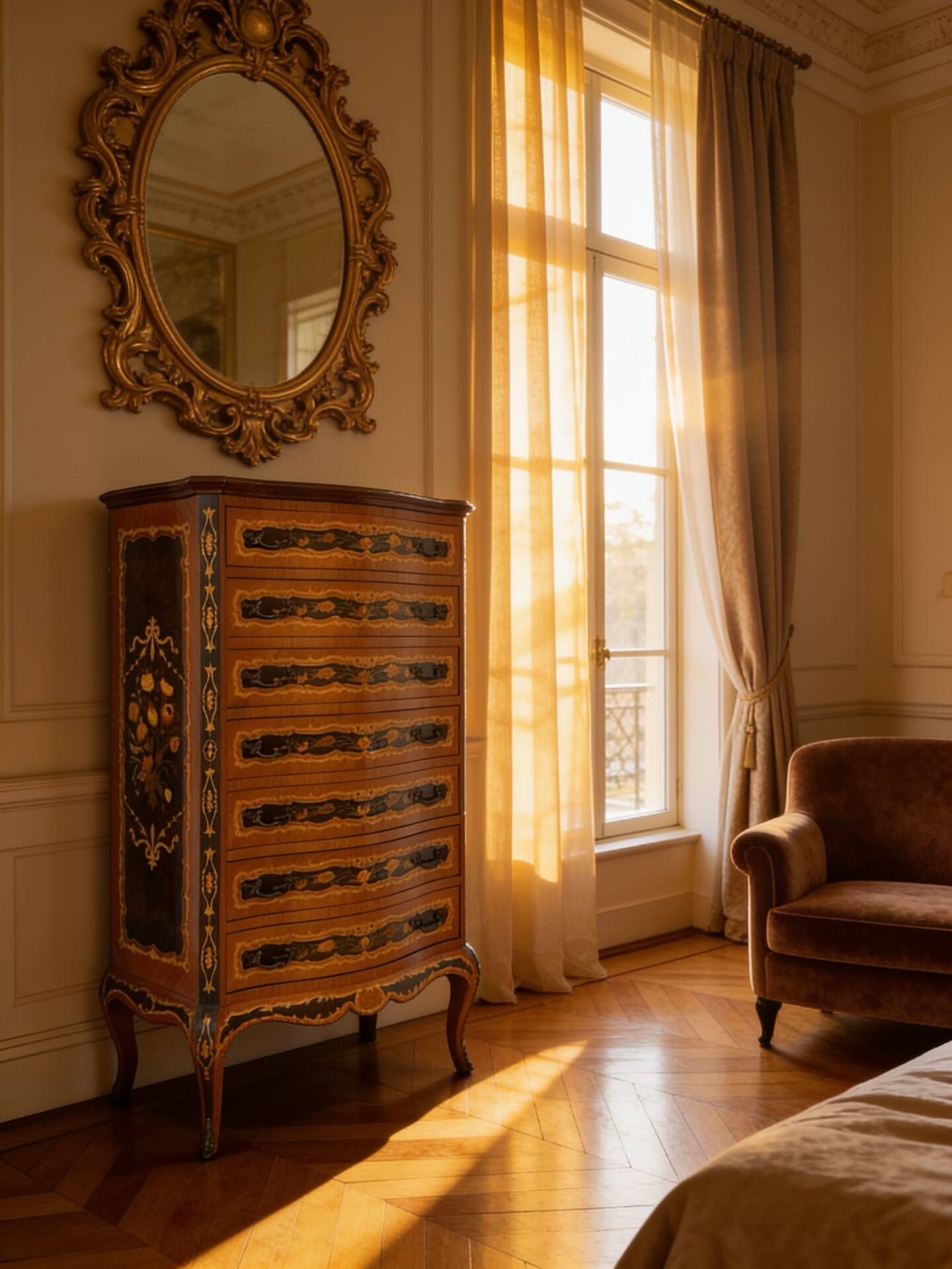 Wooden bedroom suite with inlays in mid-century Italian style, by Pacifici Prete, Rome.
