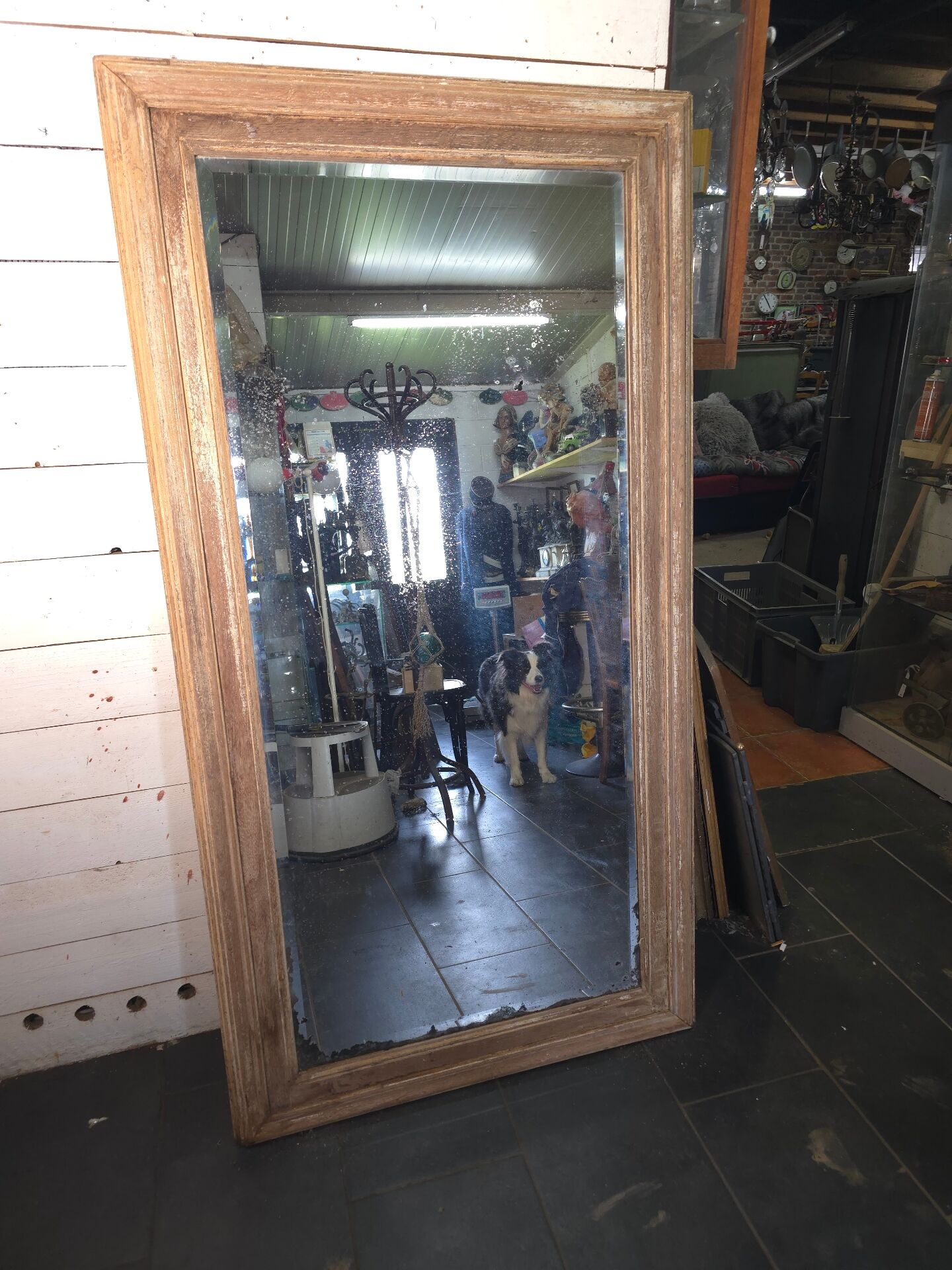 Large bevelled floor mirror in oak