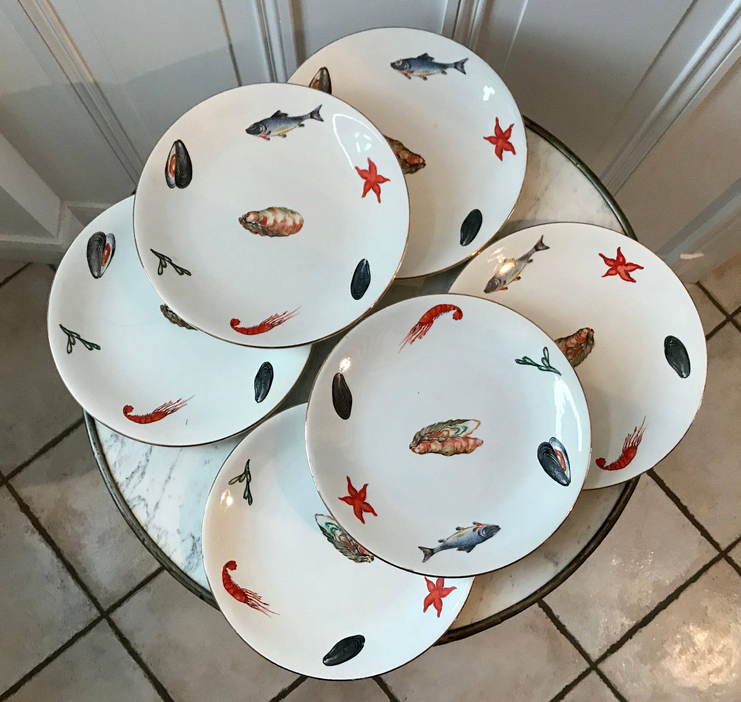 Lot de 6 assiettes plates Digoin Sarreguemines modèle "Neptune" années 60-70