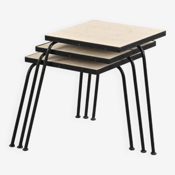 Set of 3 nesting tables in black lacquered metal, circa 1960