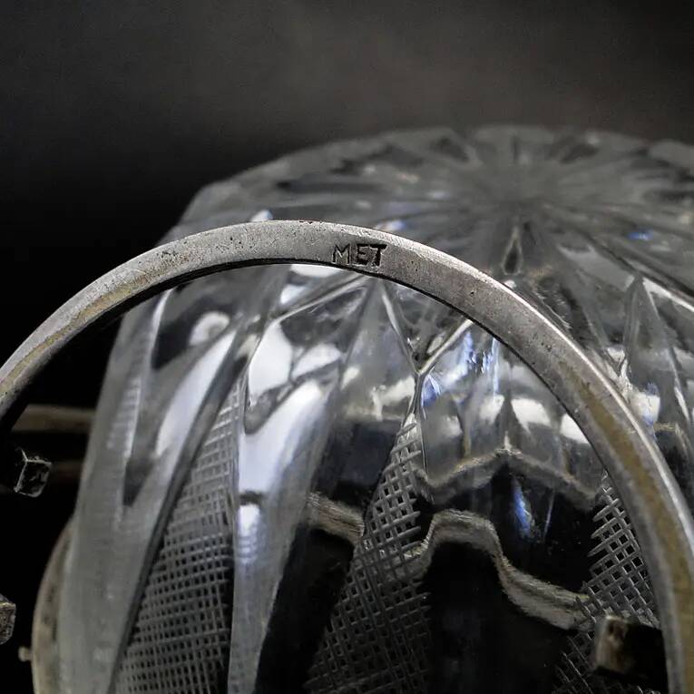 Art Deco sugar bowl, glass, silver-plated brass, Poland, 1920s