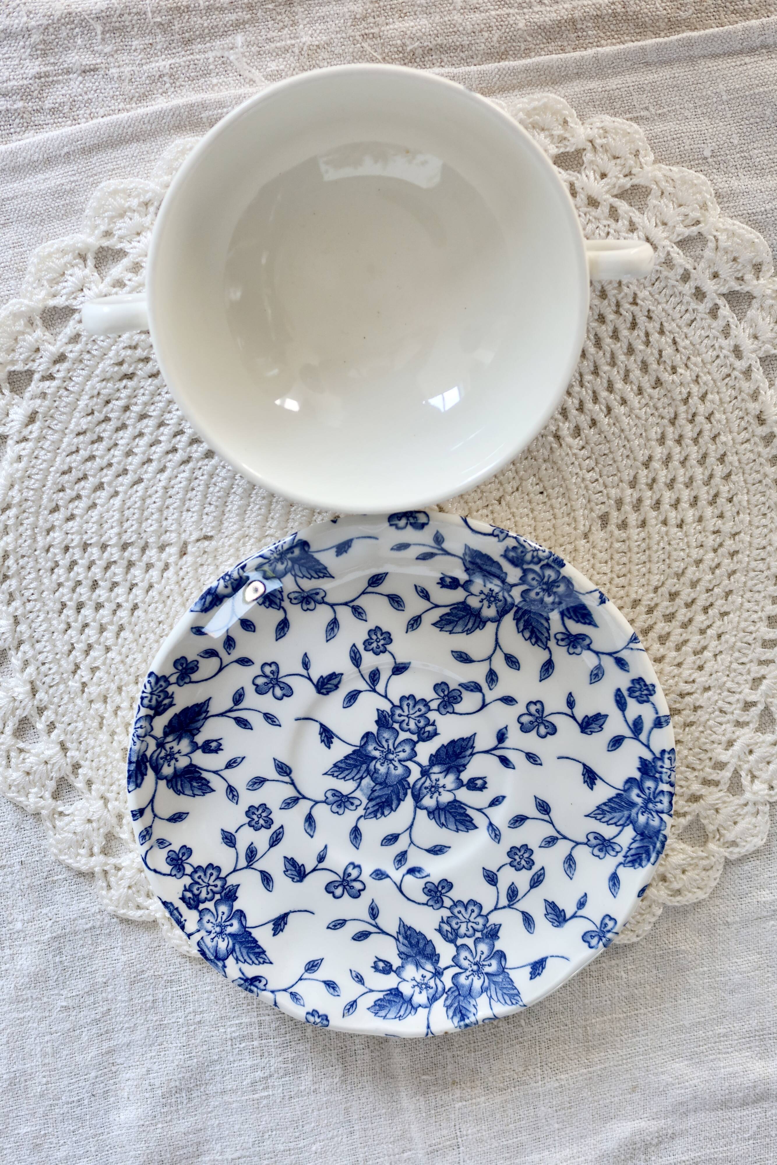 Vintage double-handled cup & saucer – Royal Tudor “Bouquet” blue
