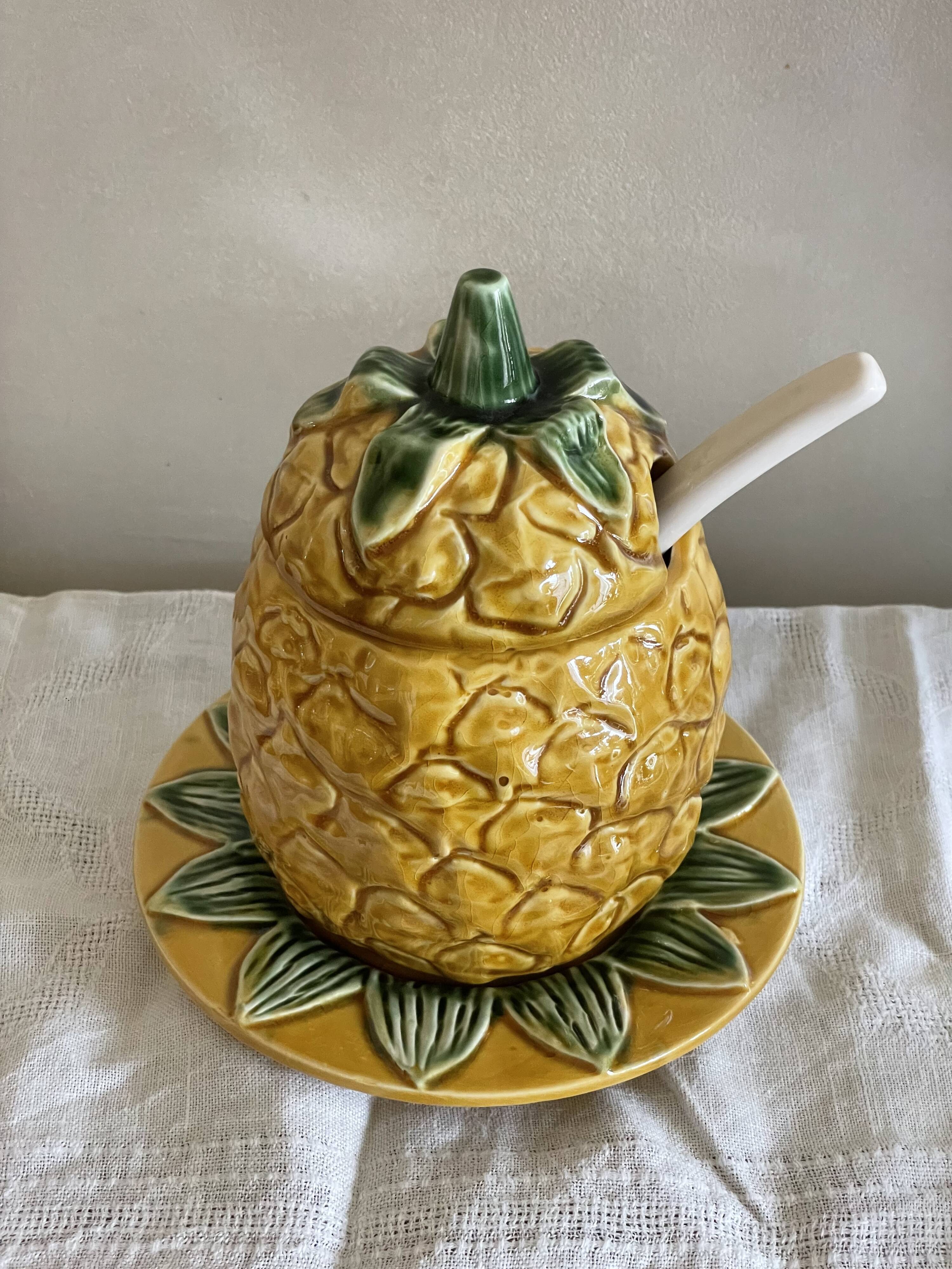 Jam pot, pineapple sugar bowl in slip