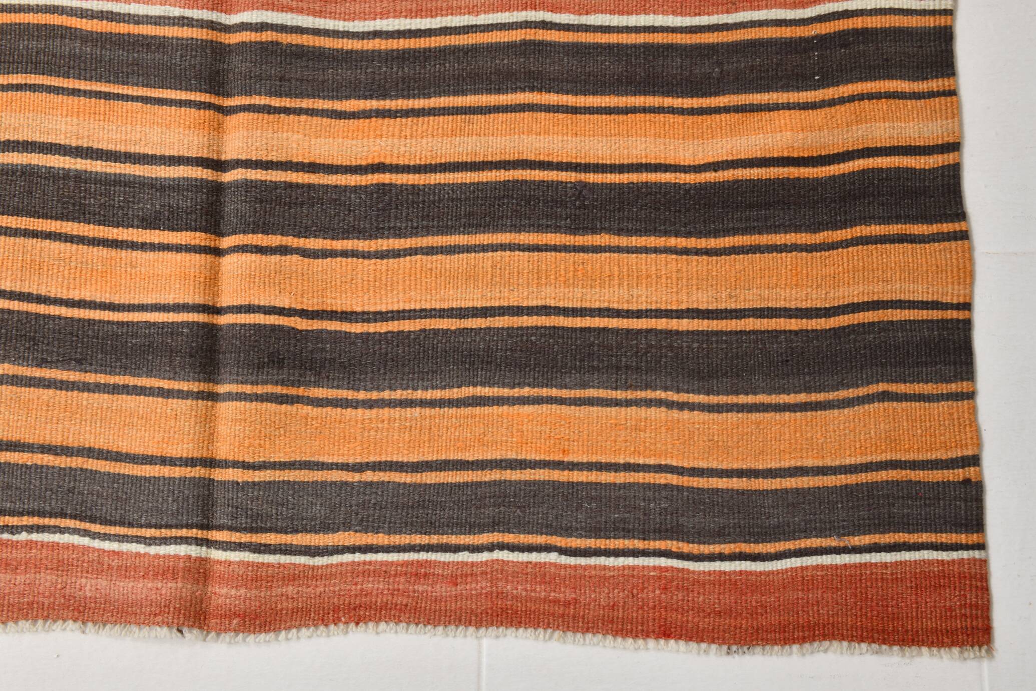 4x7 Kilim Terracotta Red & Orange Striped Turkish Vintage Kilim Rug