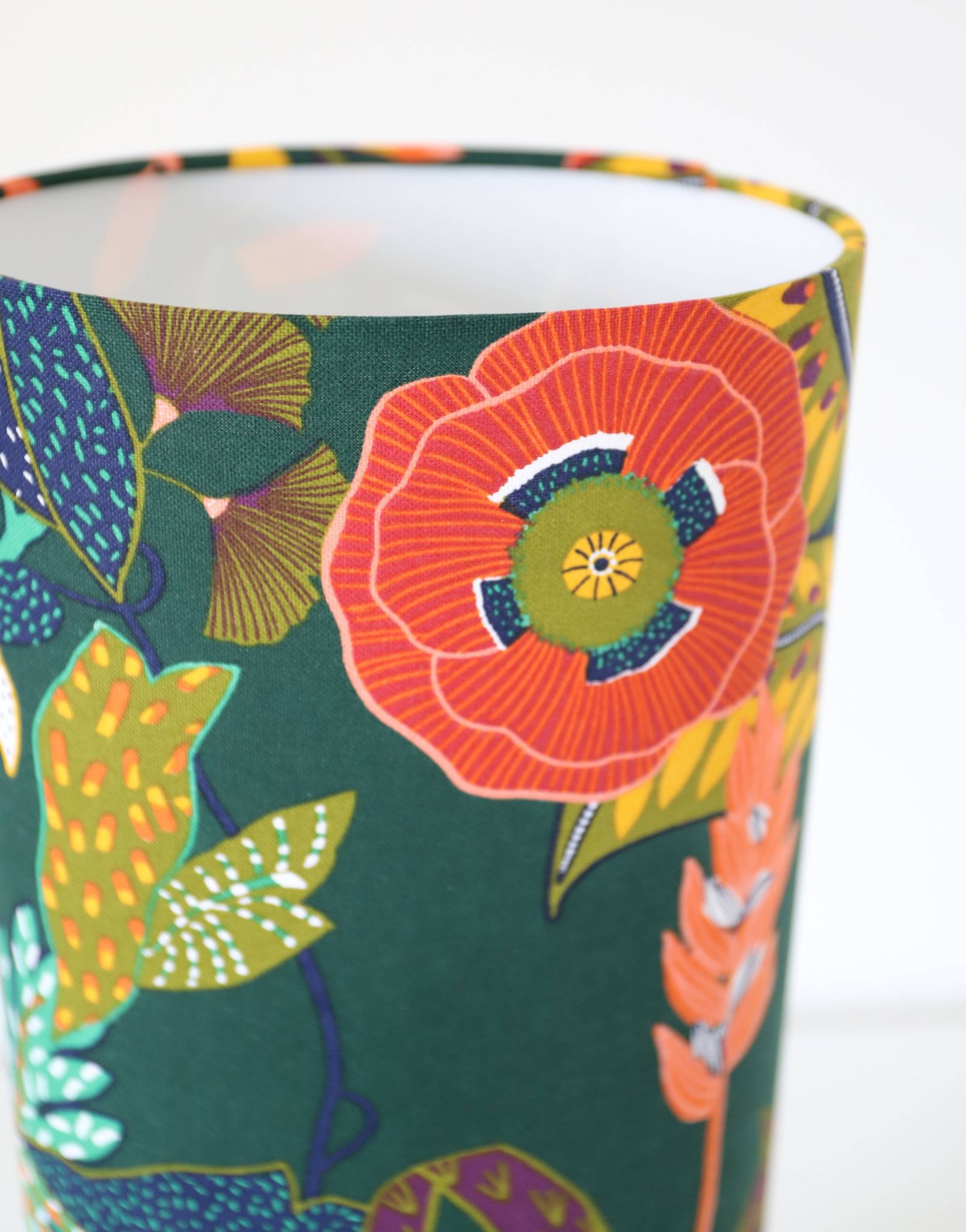 Table lamp, Mid-Century carved wood base, and Jungle Floral lampshade