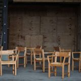 Set of 8 Danish dining chairs in pine and woven paper cord, Tage Poulsen, 1970s.