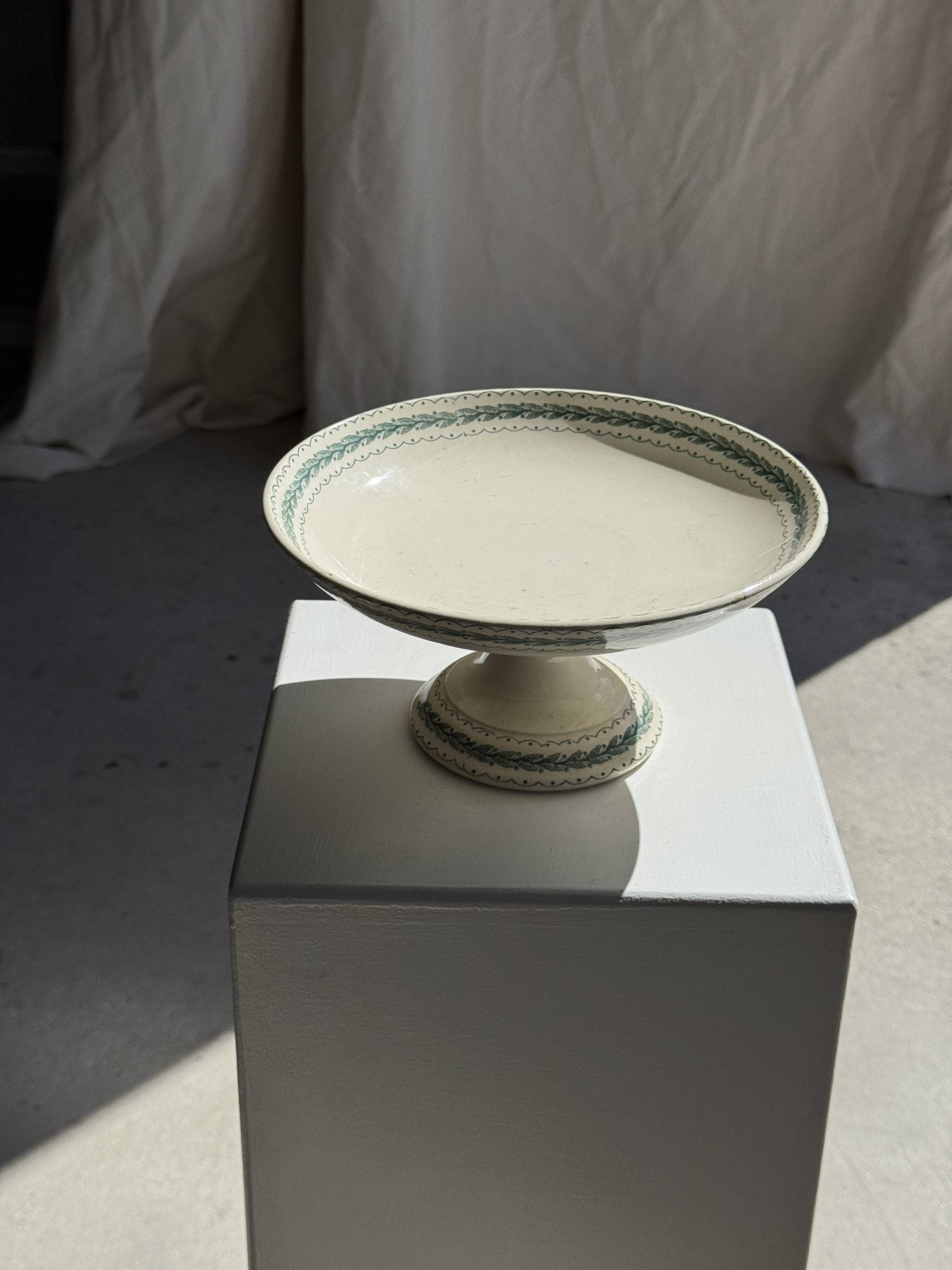 Pedestal dish in earthenware with green plant friezes H12 D24