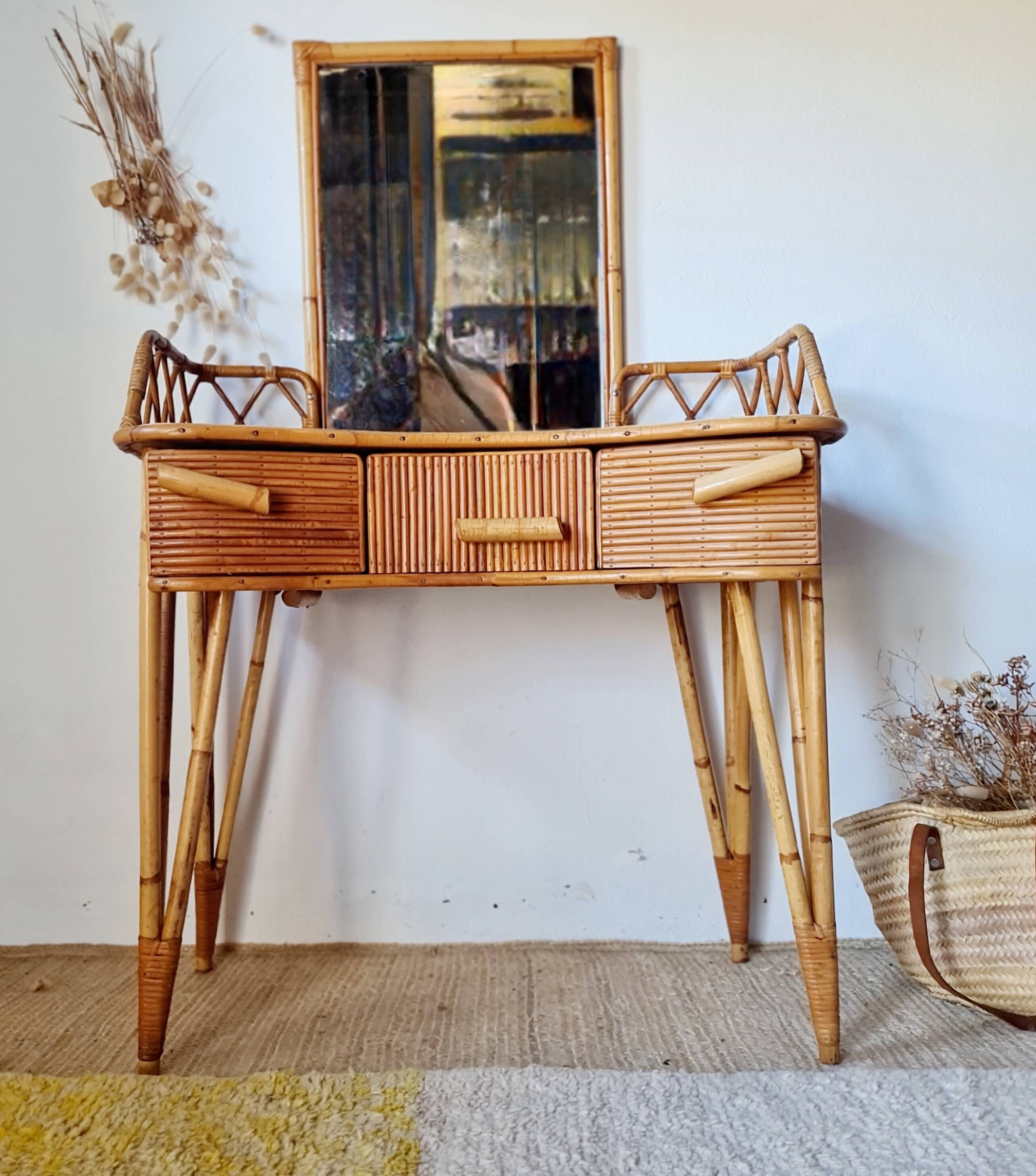 Vintage Rattan and Bamboo Hairdresser with Mirror – 1960s