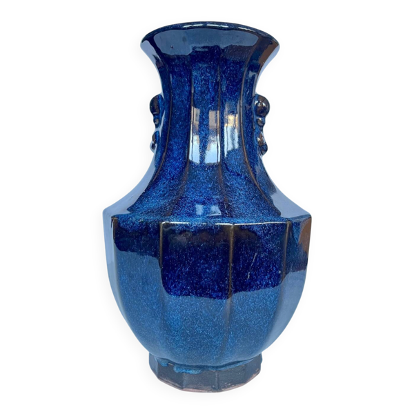 Grand vase en céramique émaillée bleu