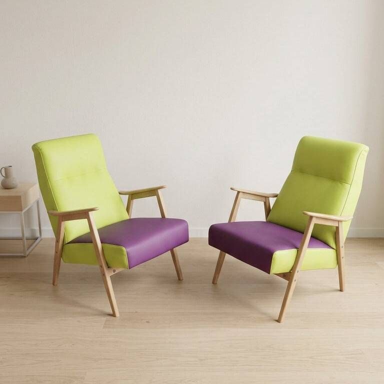 Pair of restored vintage armchairs, green and purple upholstery