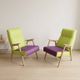 Pair of restored vintage armchairs, green and purple upholstery