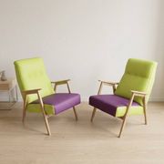 Pair of restored vintage armchairs, green and purple upholstery