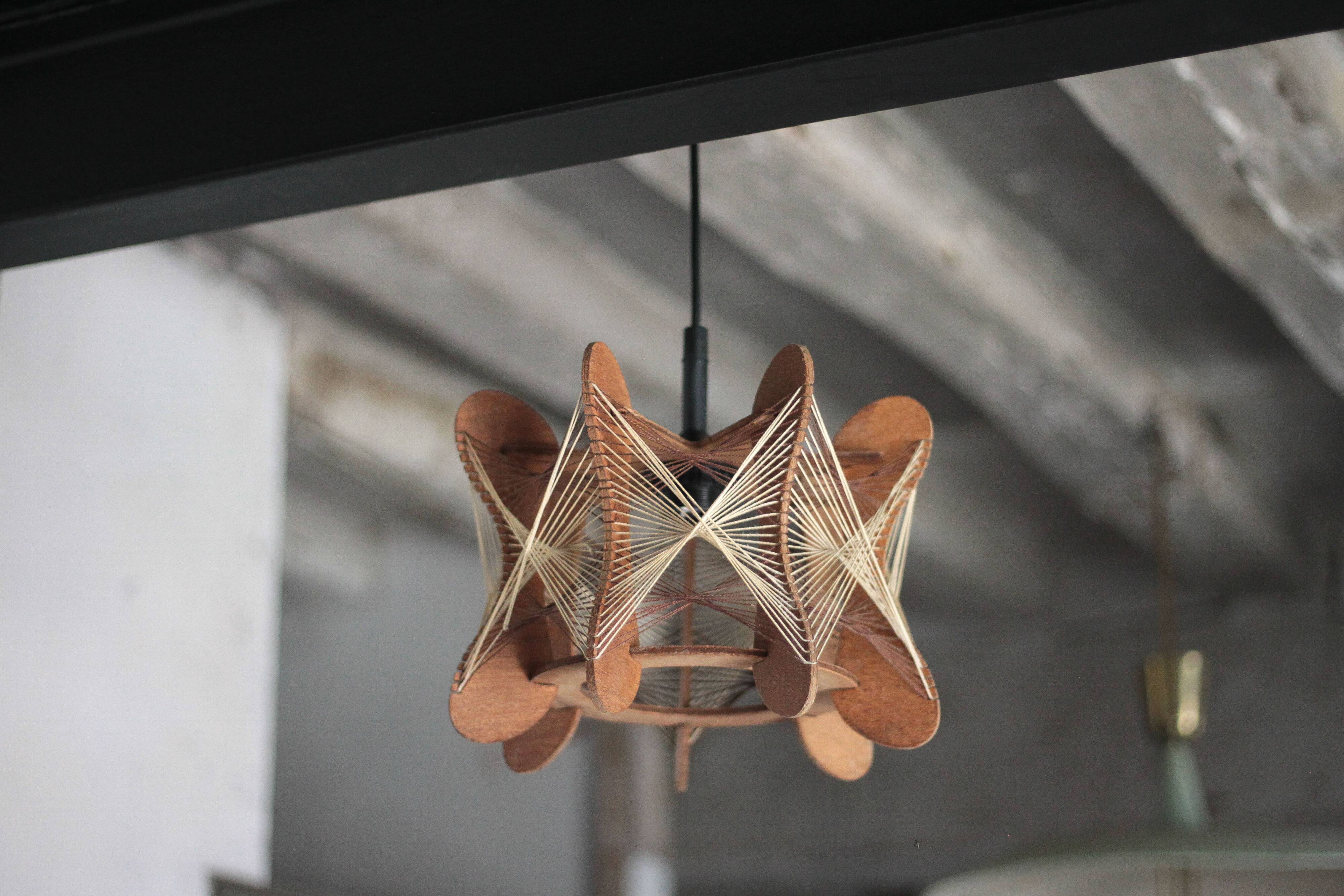 Vintage Scandinavian wooden suspension with stretched wires, chandelier, 70's lamp.