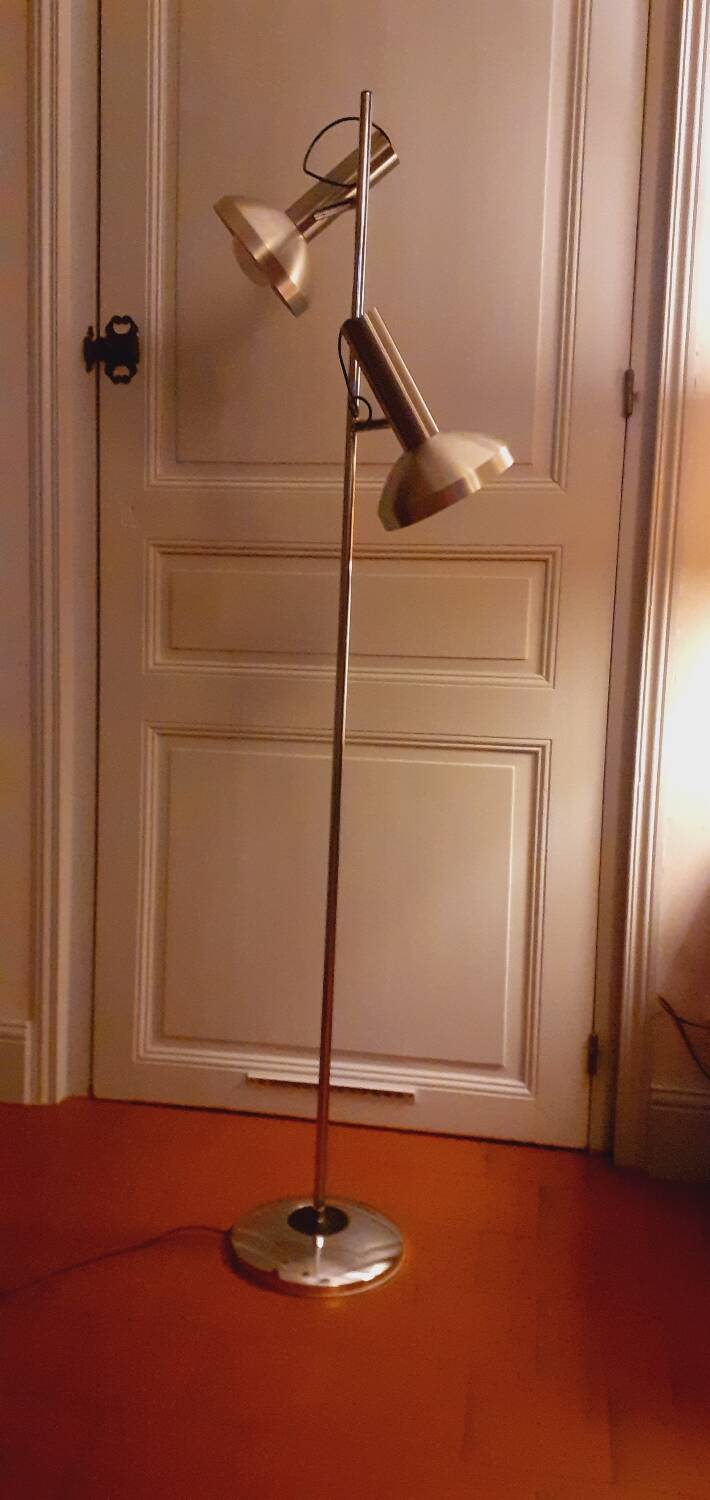 Floor lamp, reading light with two spots from the 70s in chromed metal and brushed aluminum