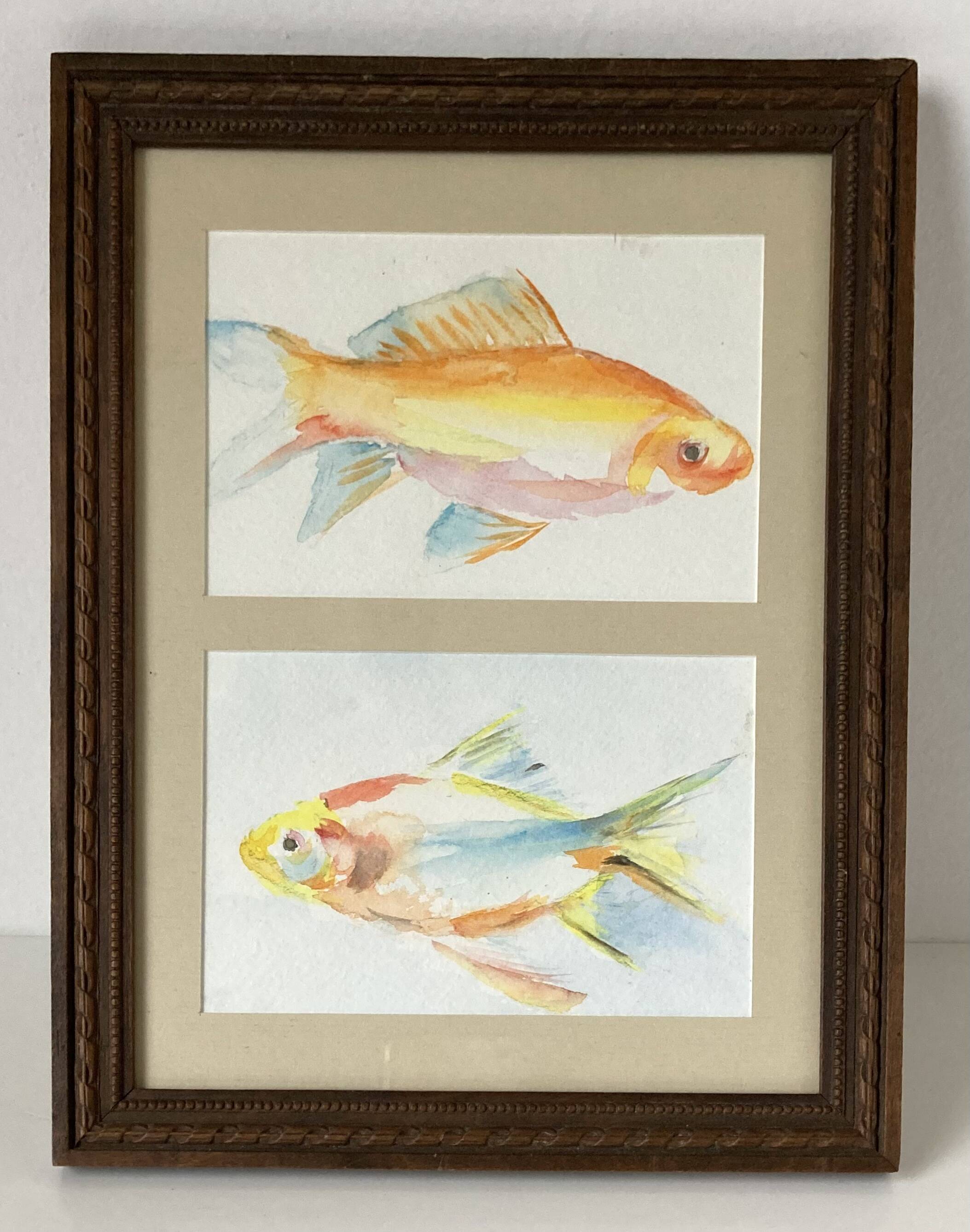Watercolor painting of goldfish in a Louis XVI style wooden frame