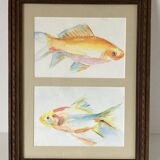 Peinture à l’aquarelle représentant des poissons rouges dans un cadre en bois de style Louis XVI
