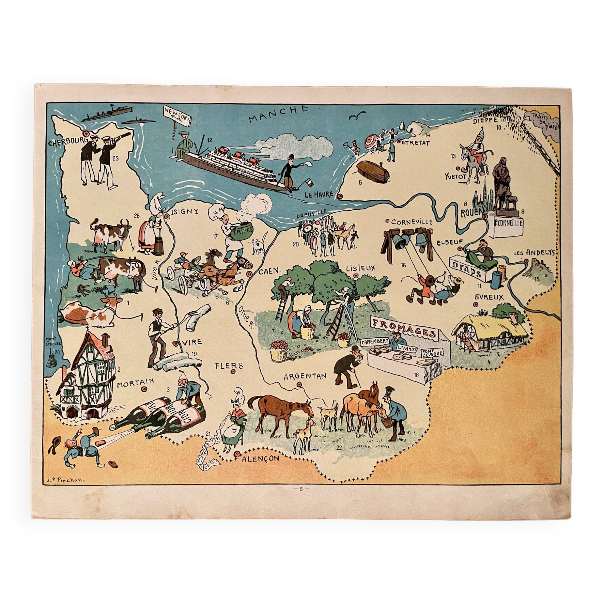 Affiche ancienne carte illustrée de la Normandie 1934 - JP Pinchon