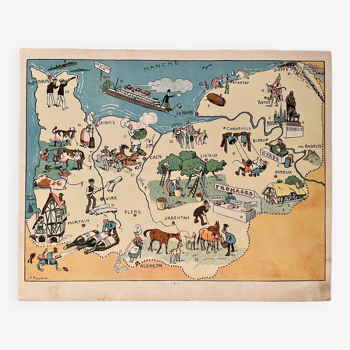 Affiche ancienne carte illustrée de la Normandie 1934 - JP Pinchon