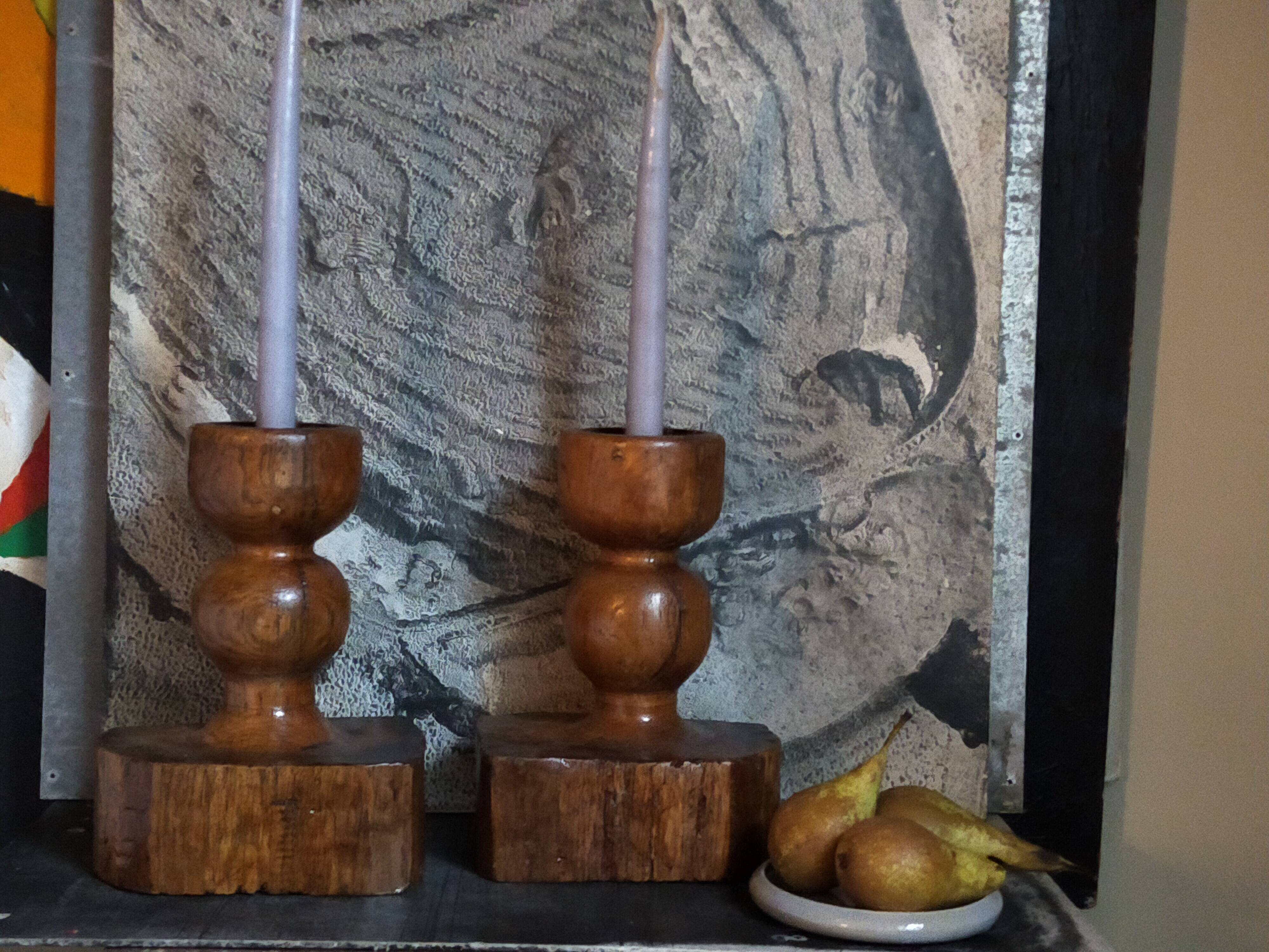 Pair of old brutalist turned solid wood candlesticks